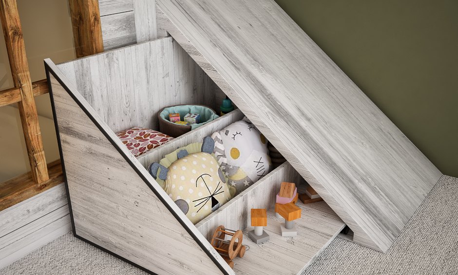 Rustic children’s bedroom stairways space saving storage drawers