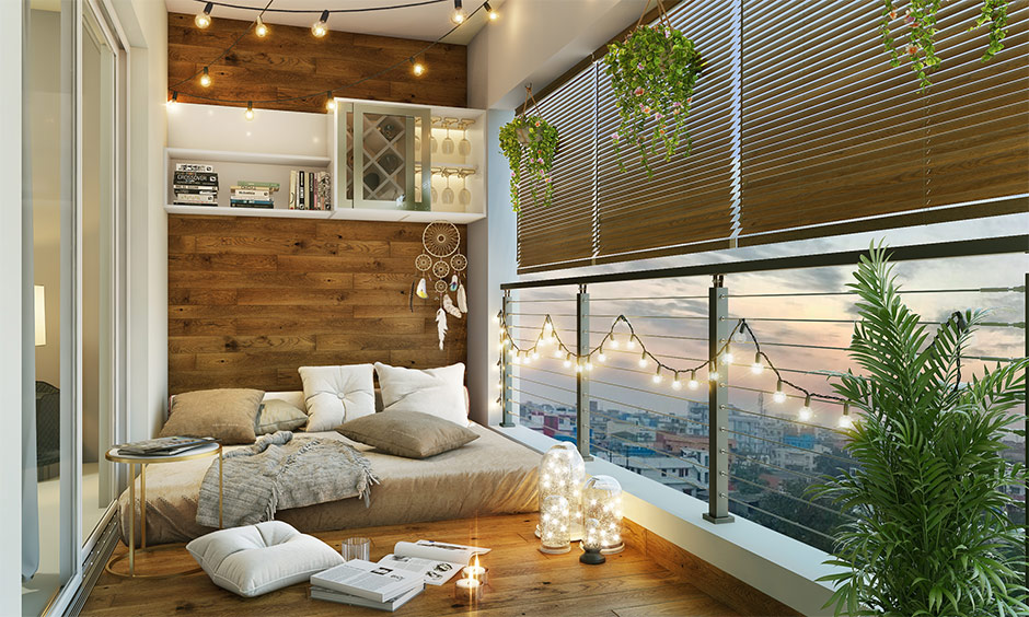 New year party decorations for balcony with floor cushions and fairy lights give the space a festive vibe