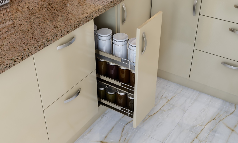 G shaped kitchen design with oil pull out for space utilisation for small indian kitchens