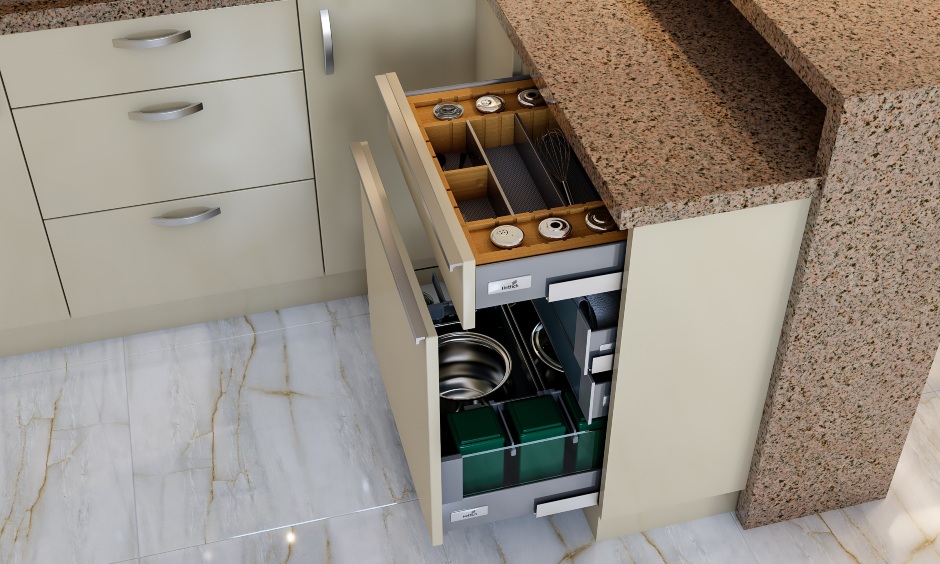 G shaped kitchen interior with drawers with in built organiser
