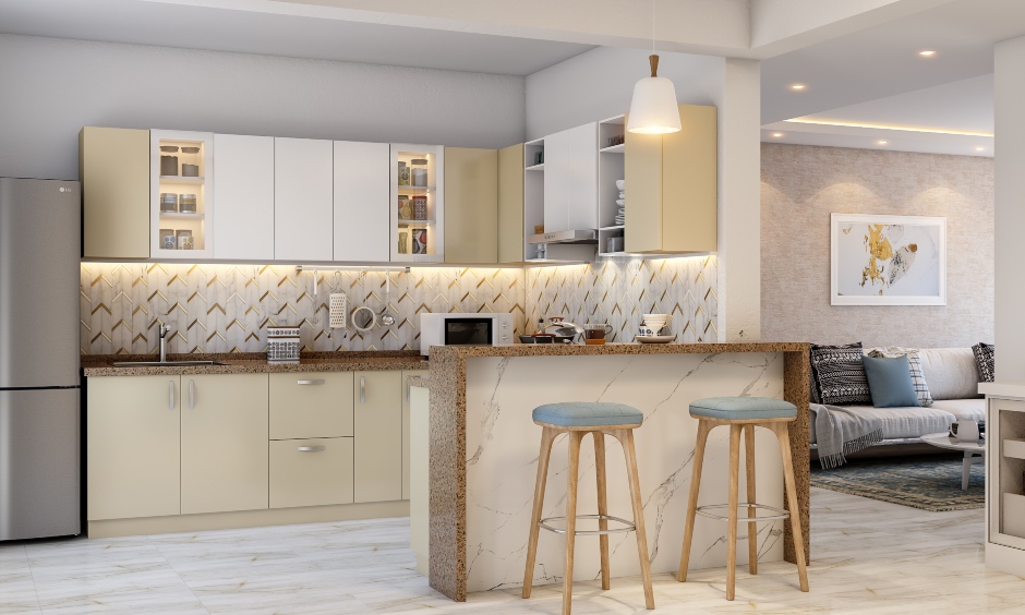 G shaped modular kitchen design with breakfast counter