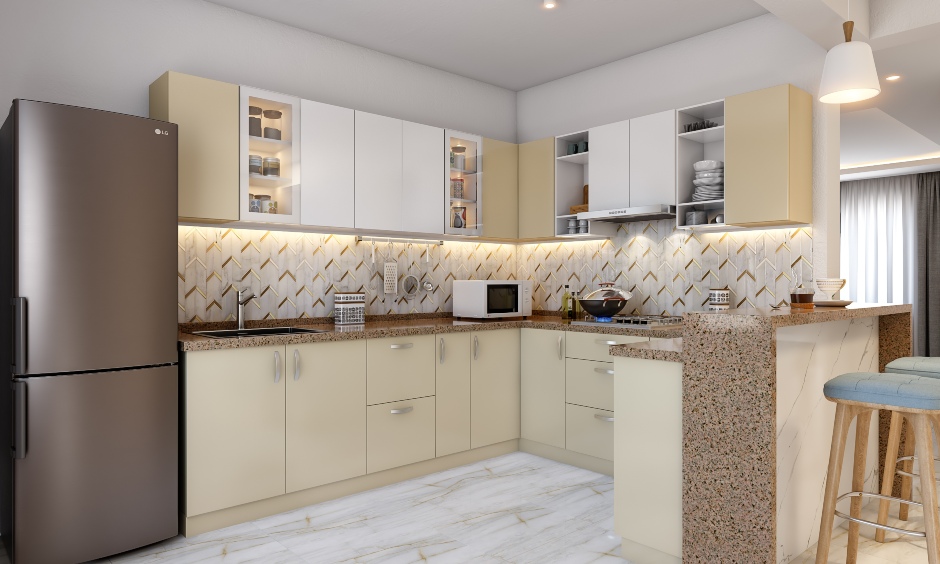 Light toned g shaped kitchen design with a breakfast counter