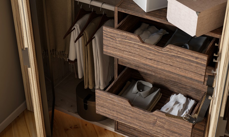 Bedroom design with dressing table drawers for storing clothing