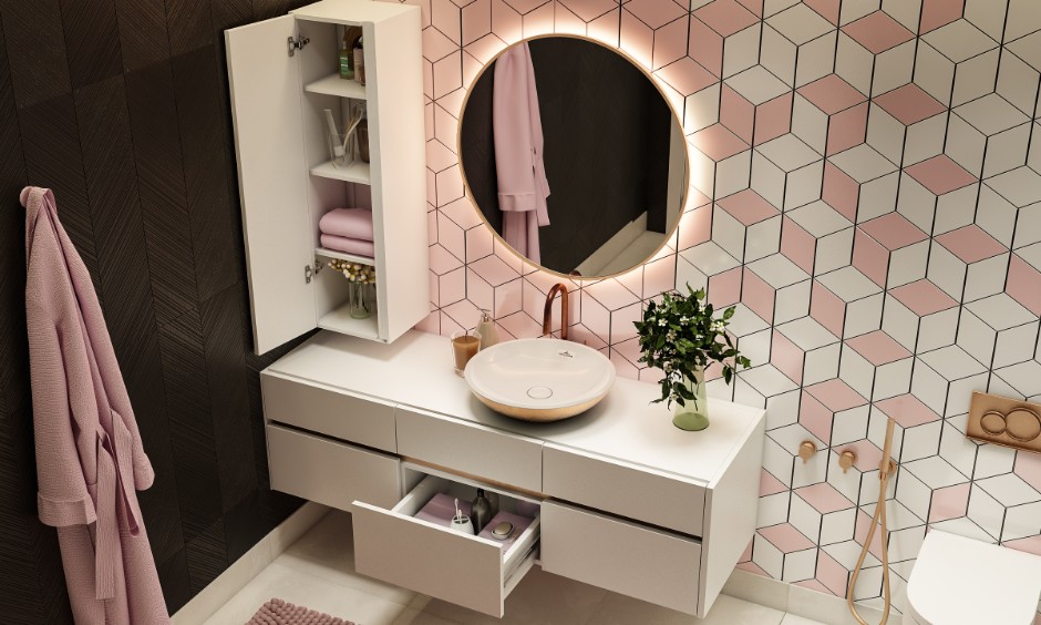 Pink and white sophisticated bathroom design featuring copper fixtures and a six-drawer vanity cabinet