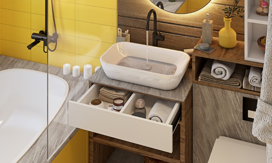 Elegant bathroom design in yellow and grey with a pull-out drawer under vanity unit.
