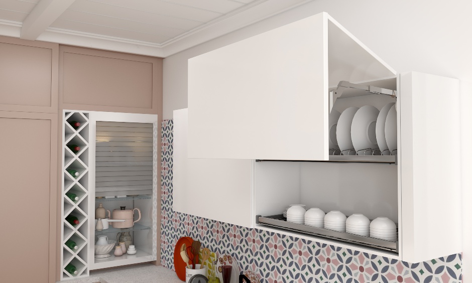 An Island Kitchen With An Open Wine Rack - DesignCafe