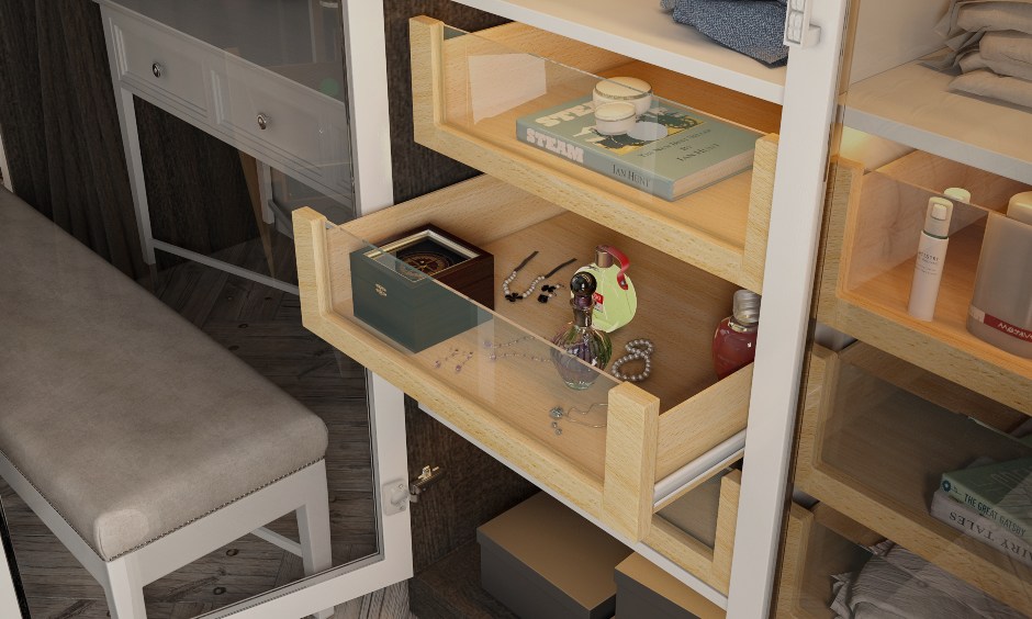 Wardrobe built with deep drawers and glass front to give you secure space for wardrobe design