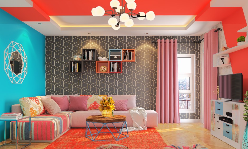 Living room design in modern eclectic style living room with bookshelves, false ceiling design and bright pastels
