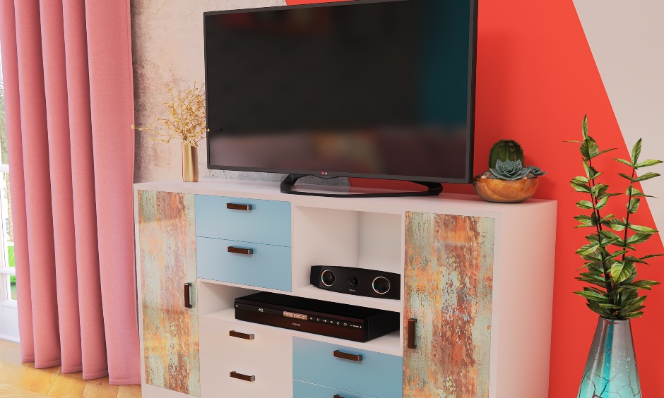Modern eclectic style living room interior images with tv console and distressed wood finish done by best living room interior designers
