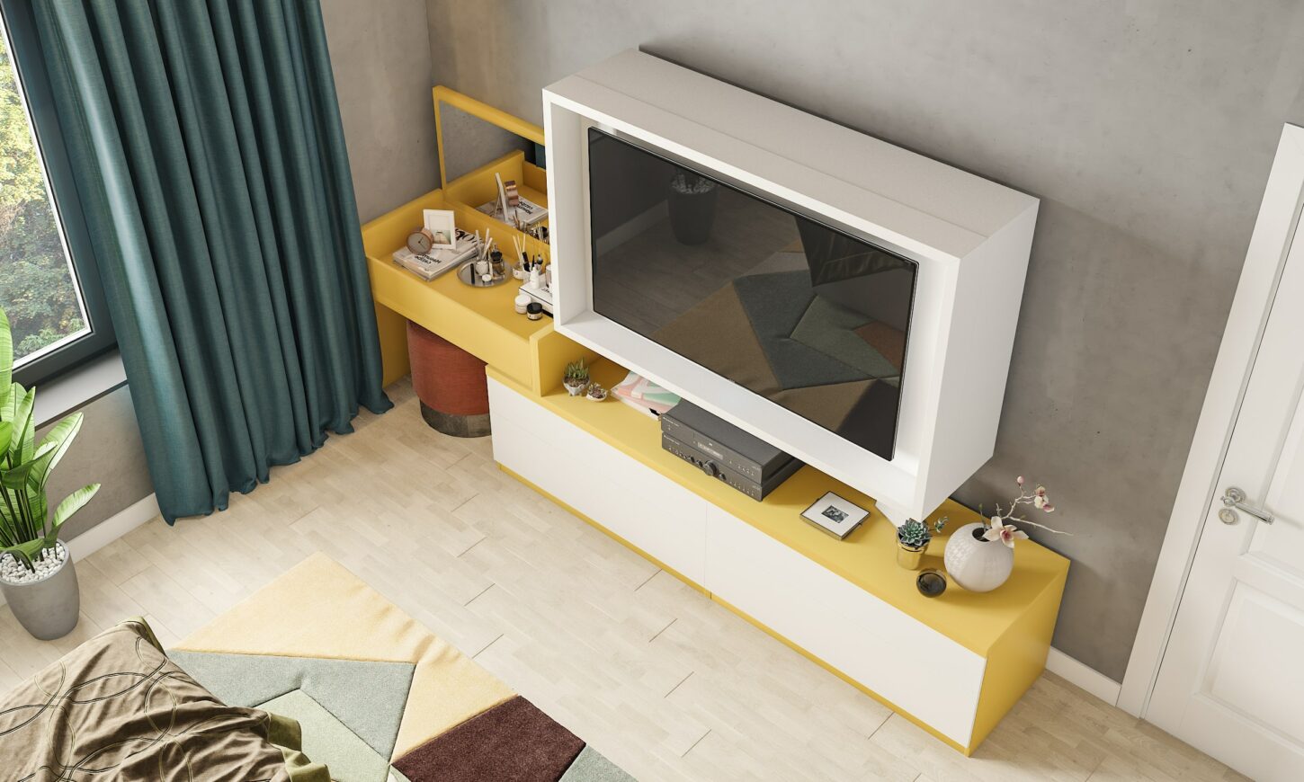 Multifunctional tv unit with a small dresser unit for small apartments