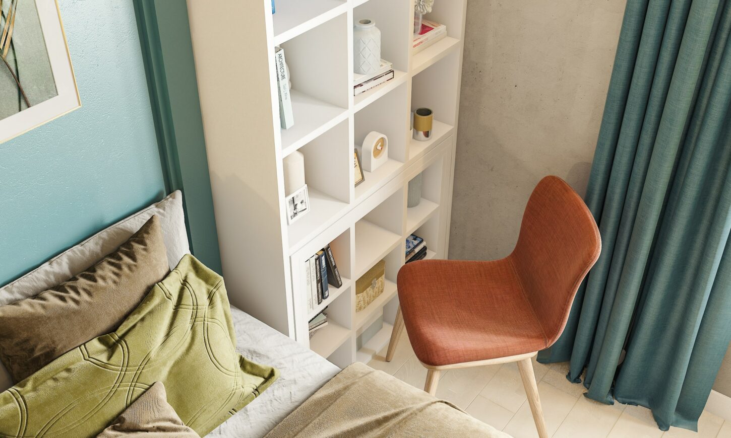 Open shelf rack works as a multifunctional furniture in small bedrooms