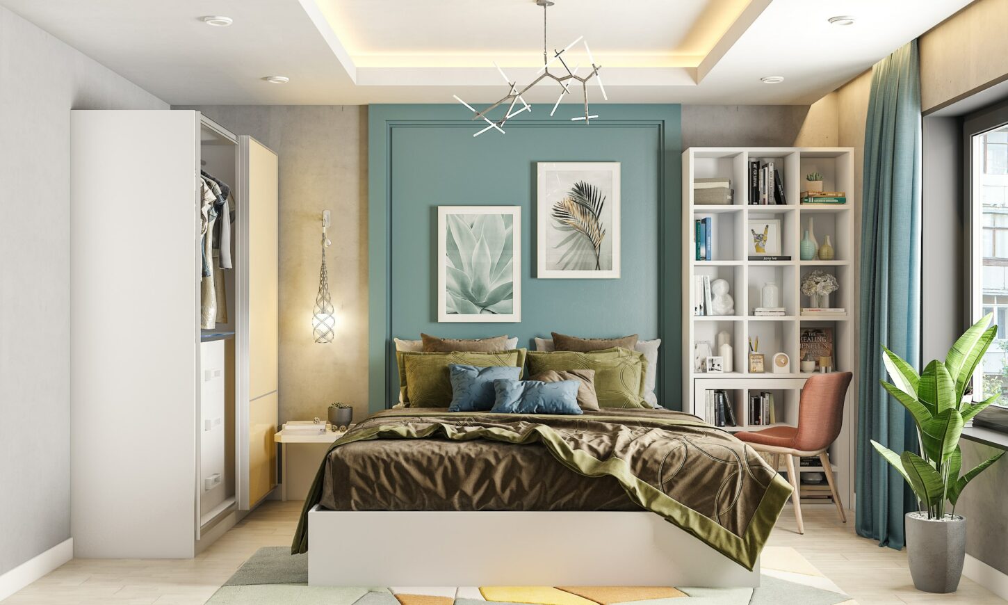 Space saving bedroom interior design with a multifunctional furniture