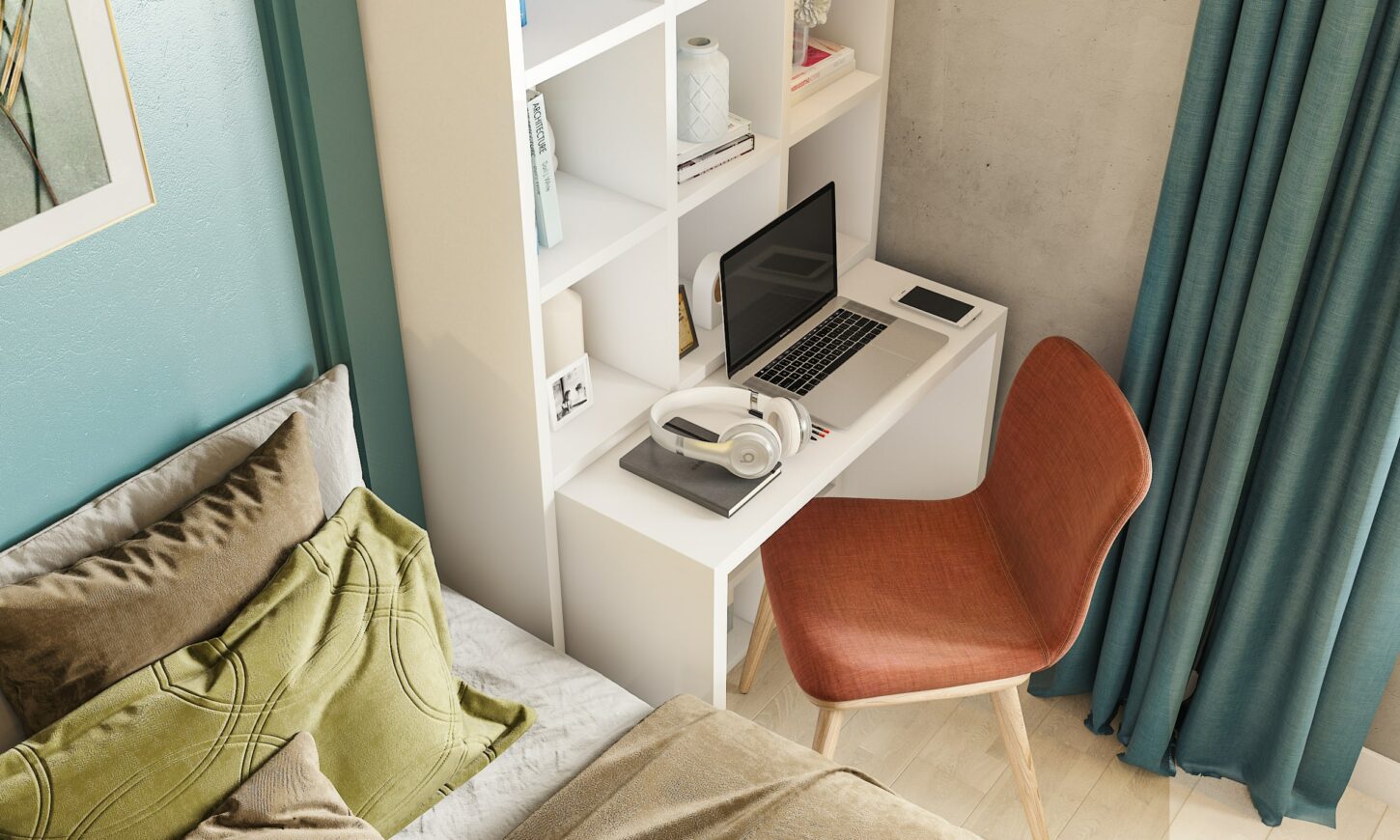 Space saving open shelf rack with a pull out study table for small indian apartments