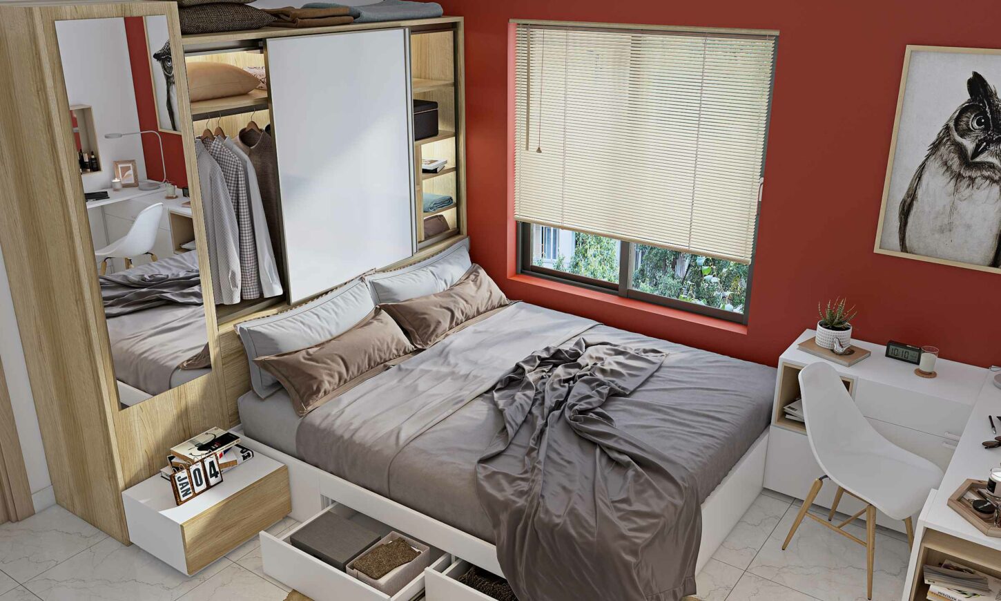 A Bedroom Designed With Smart Space Saving Furniture Design - DesignCafe
