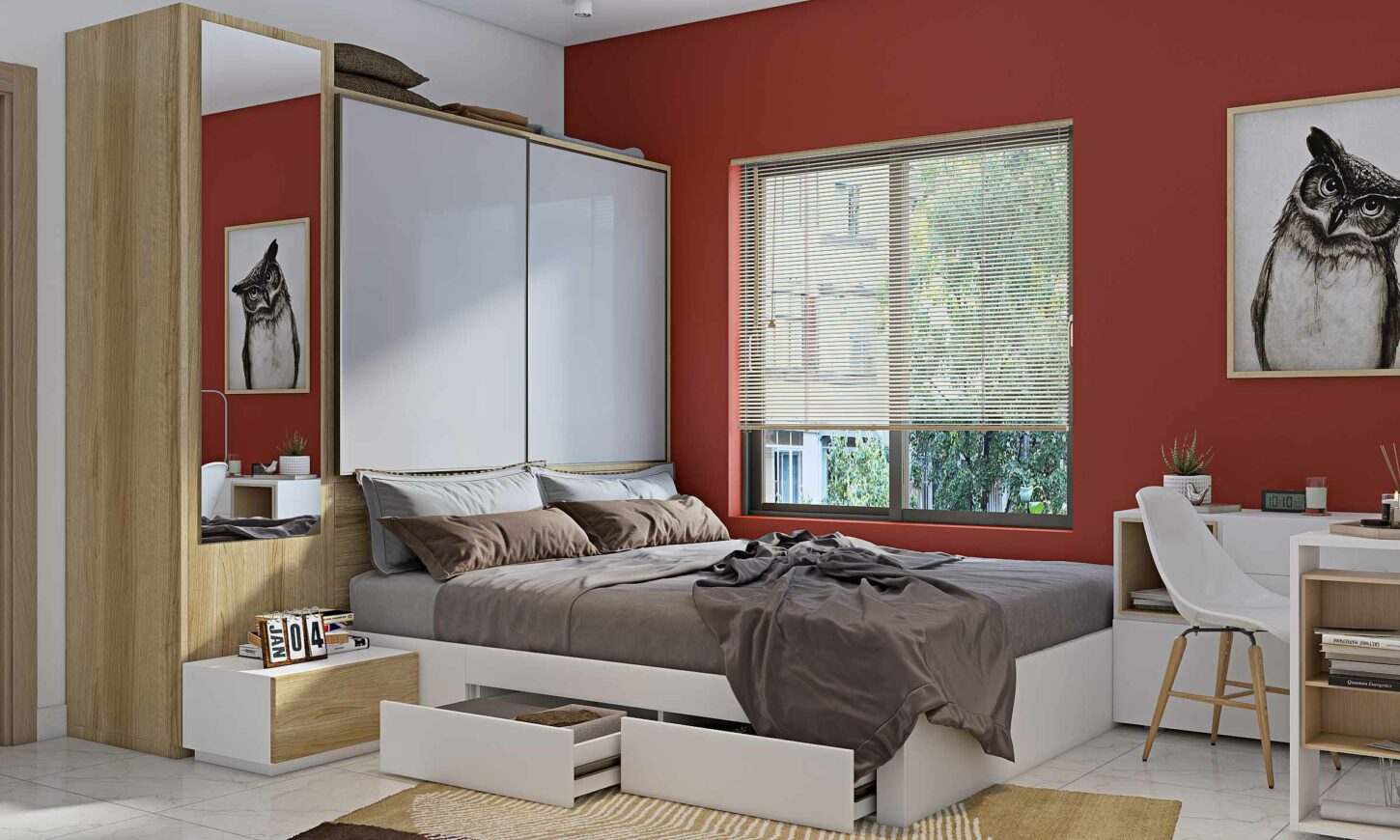 A Bedroom Designed With Smart Space Saving Furniture Design - DesignCafe