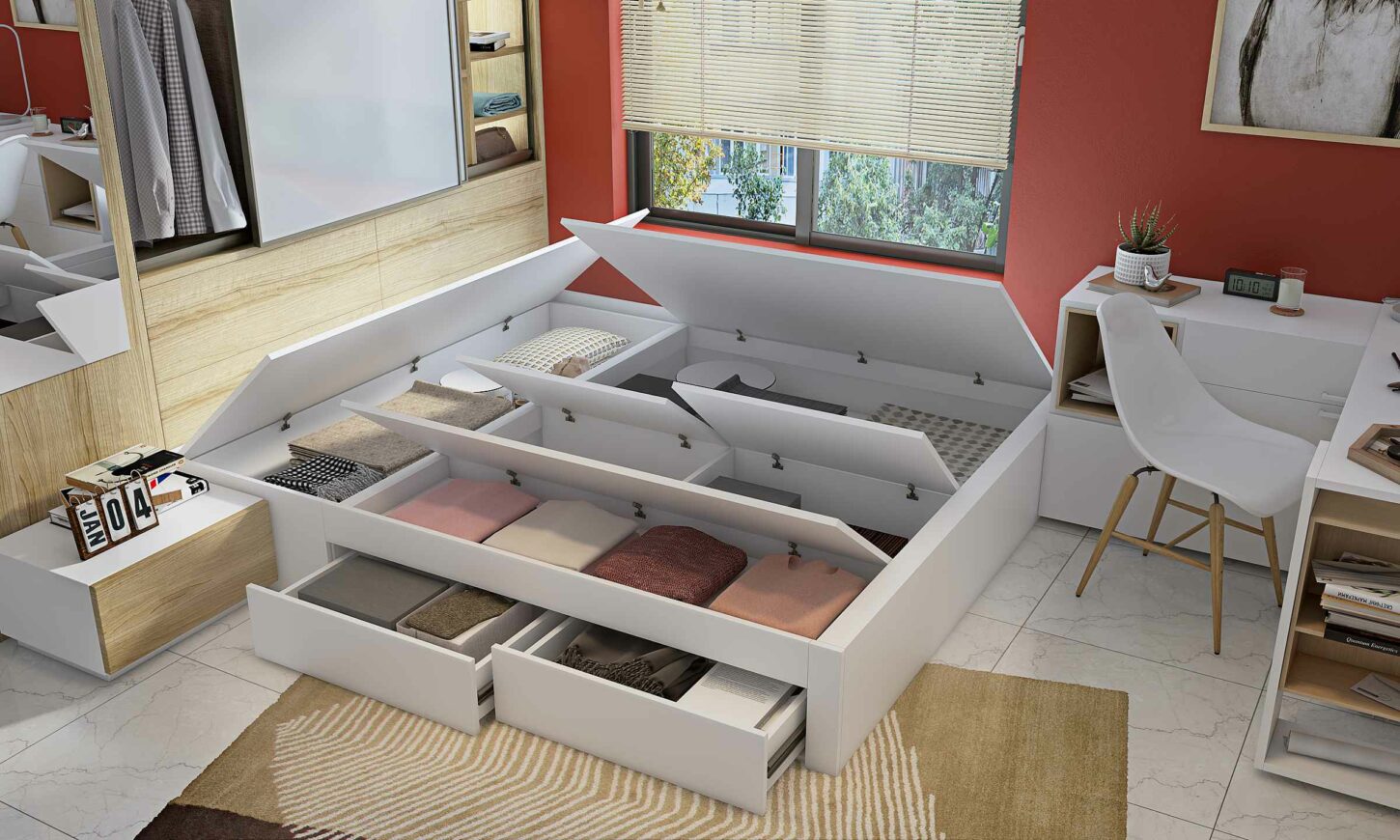 A Bedroom Designed With Smart Space Saving Furniture Design - DesignCafe