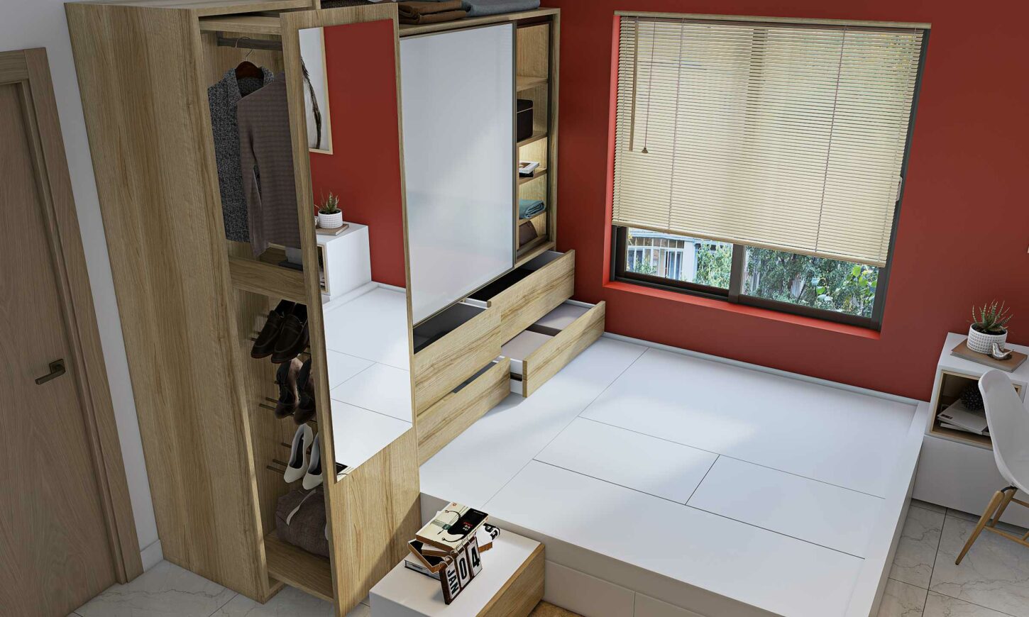A Bedroom Designed With Smart Space Saving Furniture Design - DesignCafe