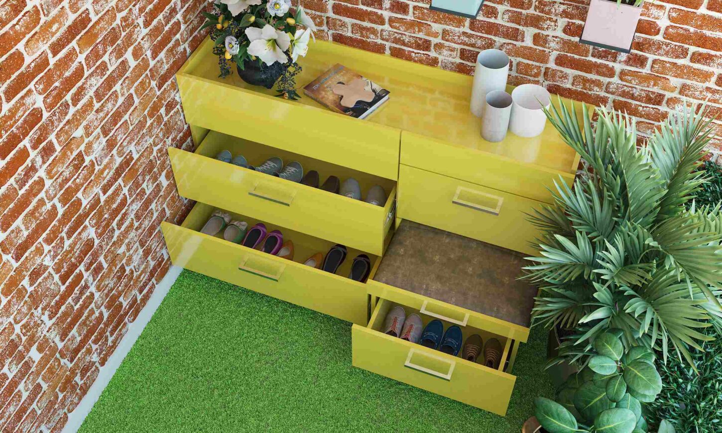 Space saving interior design with shoe cabinets in balcony.