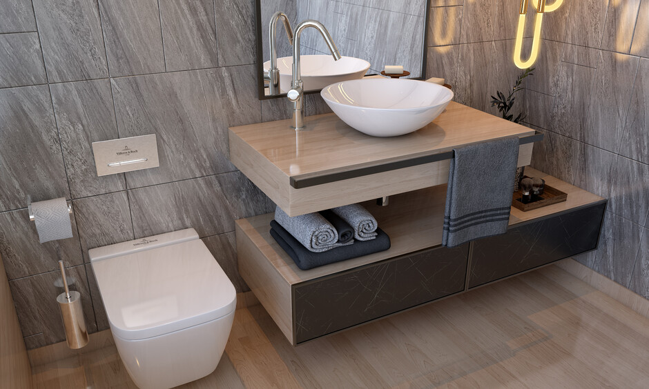 Grey bathroom design with floating vanity unit, concave sink, and decorative pendant lights.