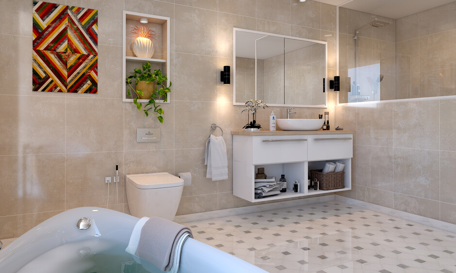 Elegant bathroom designs featuring white ceramic bathtub, marble floor tiles, and wall niches.