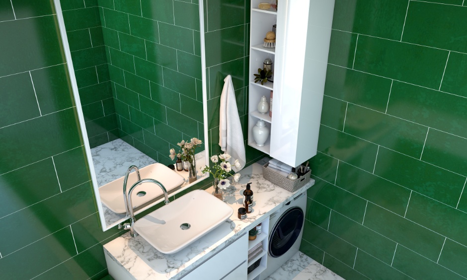 Emerald Green Modern Bathroom with tall unit storage, marble counter, and vertical mirror.