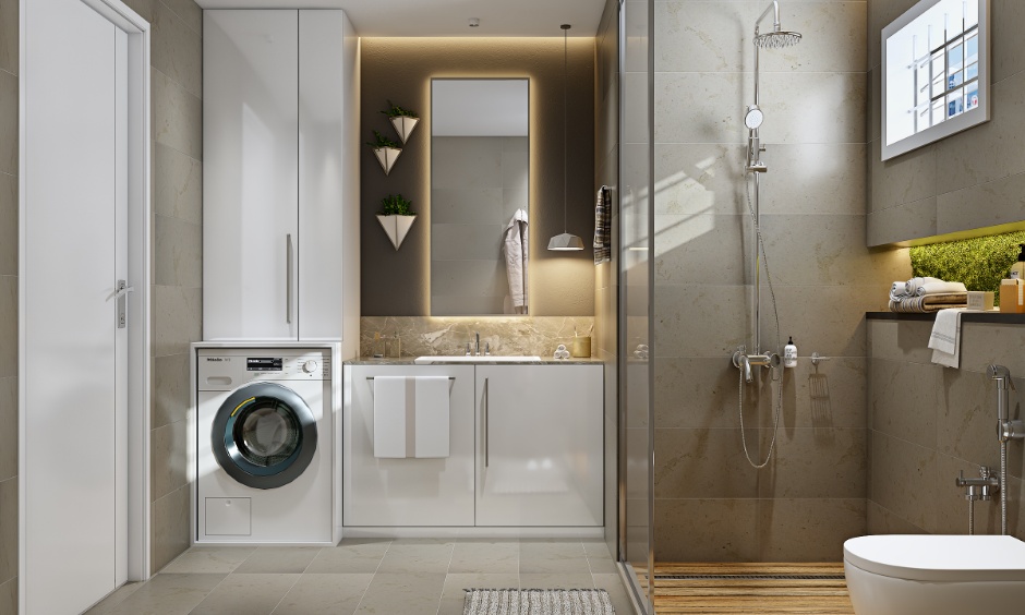 White and grey bathroom designs for home featuring white cabinet and decorative drop lights and plant holders.