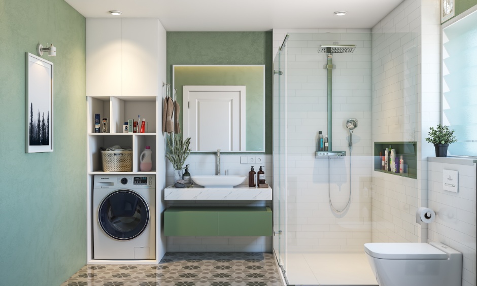 Compact modern bathroom design in a soothing colour scheme of olive green and white.