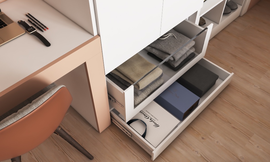 Floor to ceiling wardrobe design with skirting drawer to store lightweight items