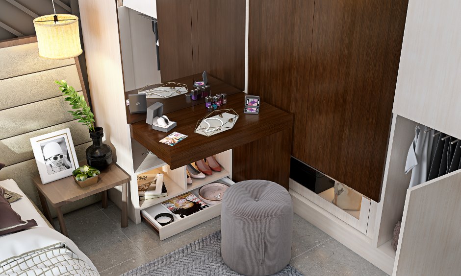 Modern wardrobe design with drawer and glass front for storage