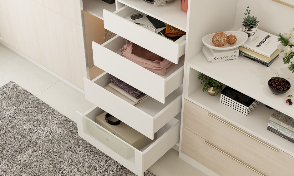 Sleek sliding wardrobe design with push to open lofts to storage