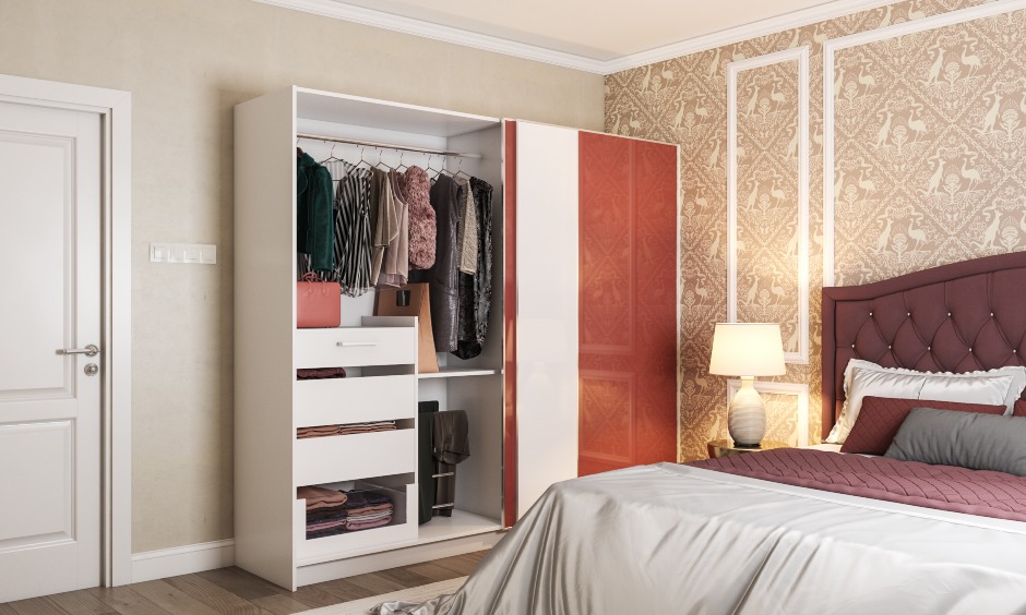 A Red And White Sliding Door Wardrobe With A Laminate Finish - DesignCafe