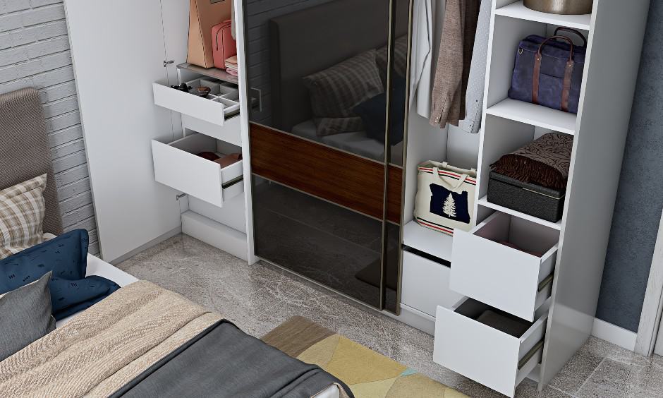 Wardrobe design with open shelf storage to store boxes and baskets