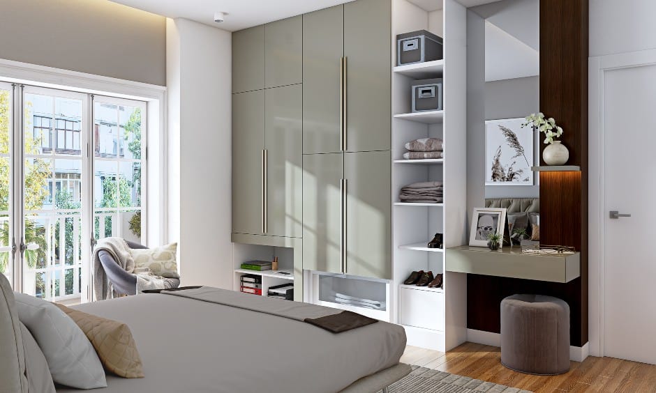 Grey and white wardrobe design in high gloss laminate