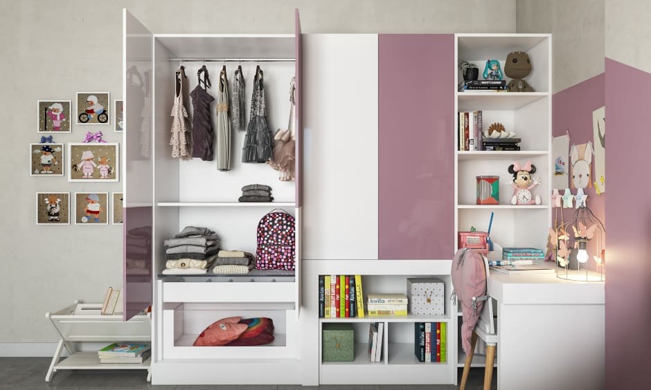 Kids wardrobe with attached study unit with open shelves for storage