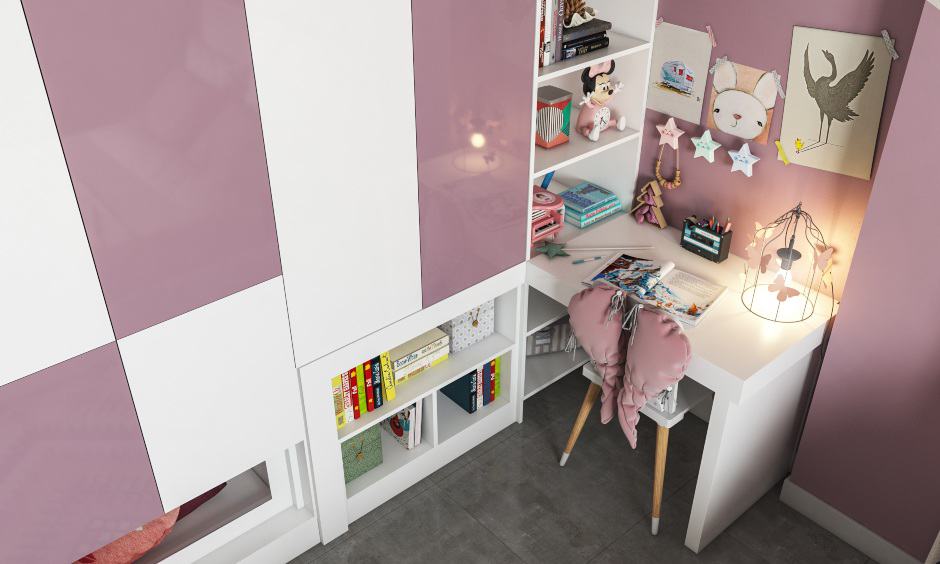 Lilac and white high gloss laminate kids wardrobe with attached study unit