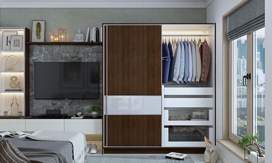 Mens wardrobe design with sliding shutters for small bedroom