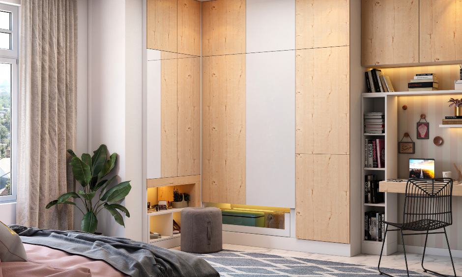 Modern l shaped wardrobe design in white and wooden laminate