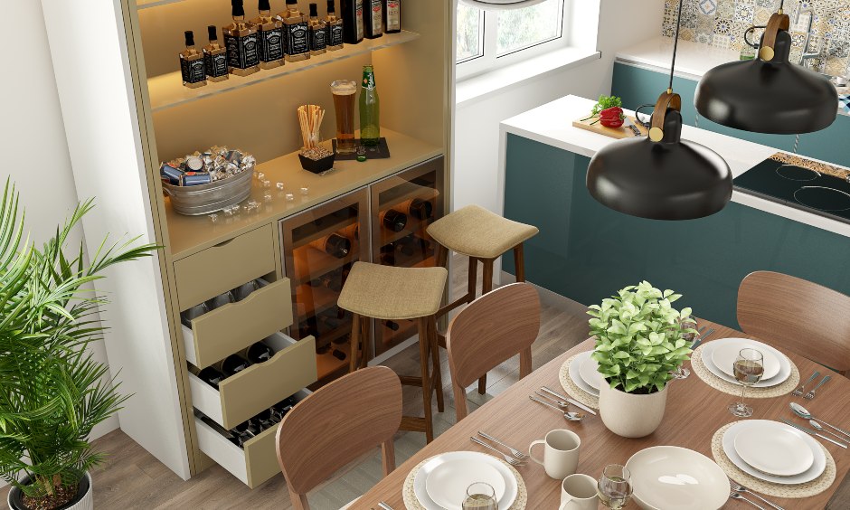 Uber stylish dining room with handleless drawers, cabinets, glass shutters and glass shelves