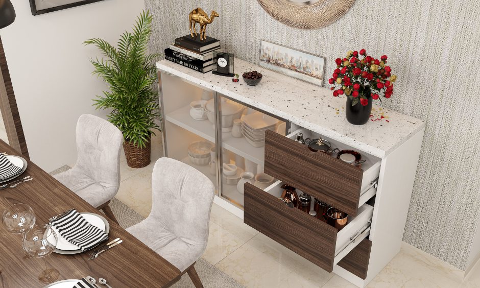 Elegant modern dining room with side cabinet with drawers and cabinets