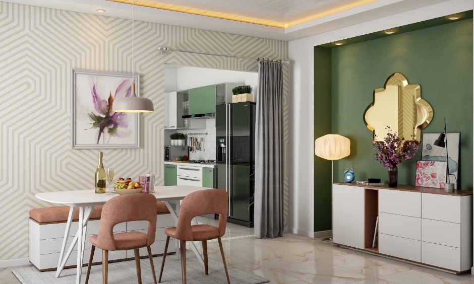 Stylish modern dining room design with false ceiling