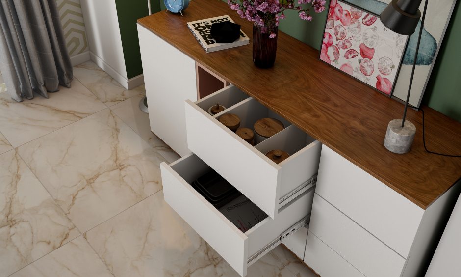 Stylish modern dining room with side cabinet and push to open drawers