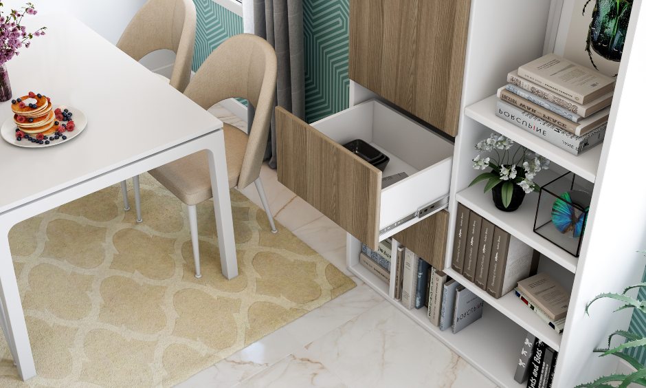 Dining cum kitchen layout with push to open storage cabinets