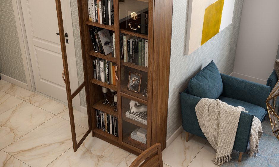 Modern dining room with vertical bookshelf in dark wood and glass shutters