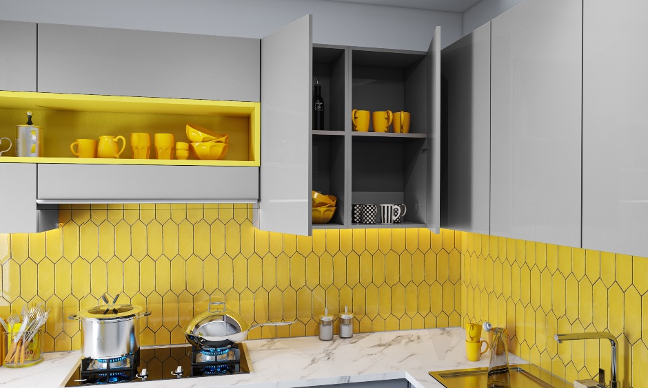 An L Shaped Modular Kitchen With A Breakfast Counter - DesignCafe