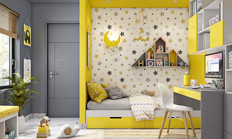 Kids bedroom design in pantones colour of year 2021 with yellow and grey