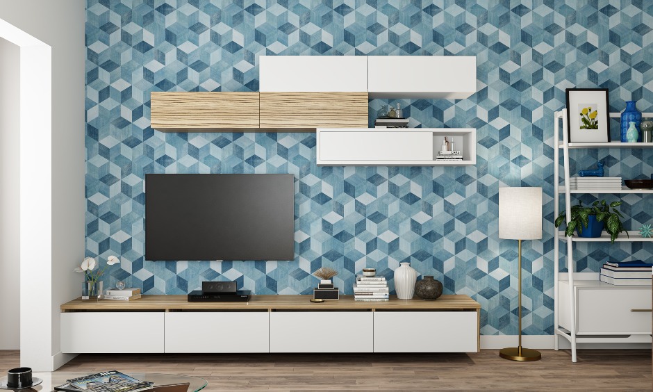 Small living room design in blue and white colour with a tv unit