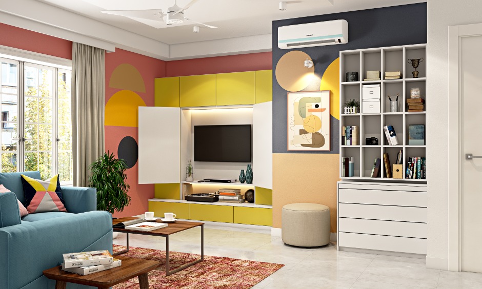 A Living Room Designed With Abstract Wall Art - DesignCafe