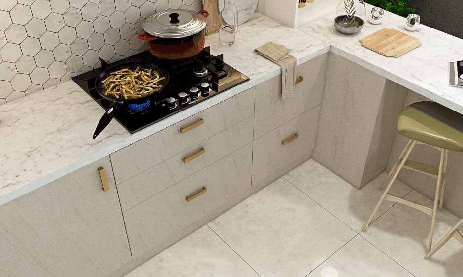 Open kitchen design with drawer with an inbuilt organiser to segregate small items