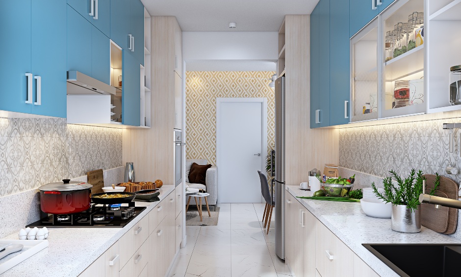 Parallel shaped kitchen in blue and light wood laminate