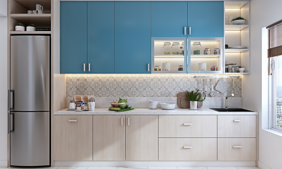 Parallel shaped modular kitchen in blue with open shelves